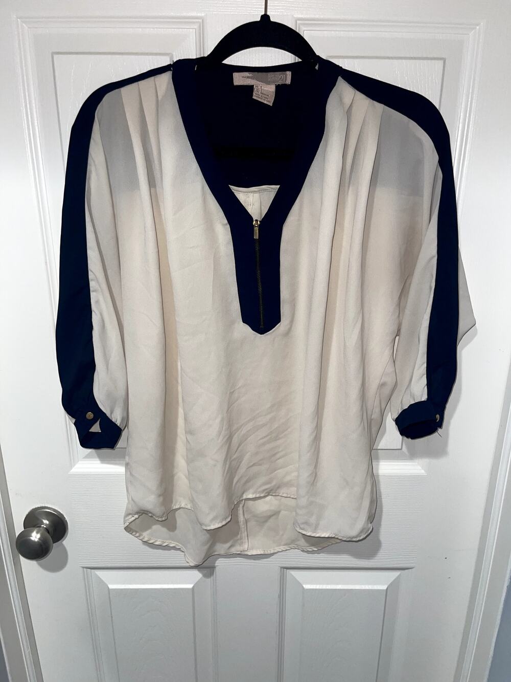 Love 21 Off-White & Navy Colorblock Half-Zip Blouse